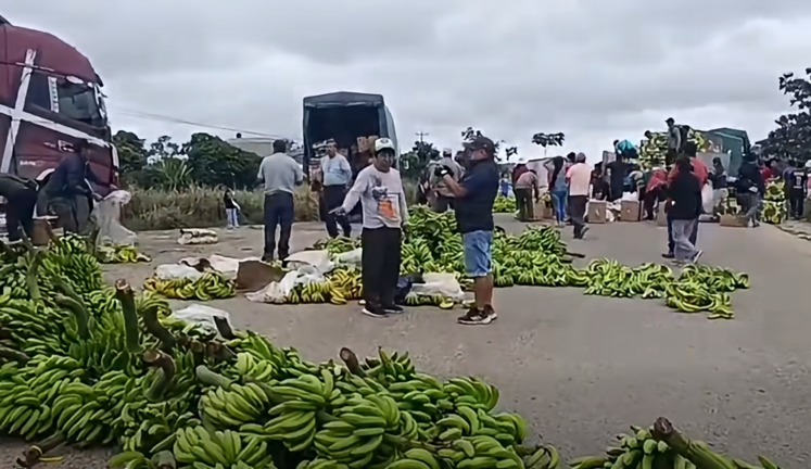 Los bananeros descargaron cajas de fruta de exportaci&oacute;n de varios camiones y las arrojaron a la carretera. | Foto: Captura de video.