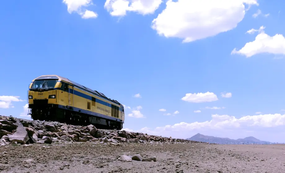 La locomotora SALI de Ferroviaria Andina en una parada en el lago Uru Uru. Foto: Alberto C&aacute;rdenas