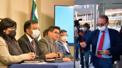 A la izquierda, el Ministro de Econom&iacute;a al momento de anunciar de la reuni&oacute;n con los empresarios; a la derecha, Luis Barbery, presidente de la CEPB cuando ingresa al edificio de Economia.